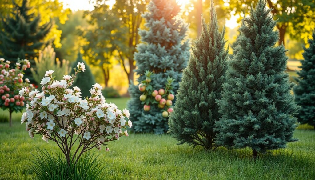 A serene garden scene showcasing a variety of trees suitable for landscaping, emphasizing ornamental, fruit-bearing, and evergreen varieties. In the foreground, feature a blossoming ornamental tree with vibrant flowers, surrounded by lush green grass. The middle ground should include a small fruit tree with ripe apples, meticulously placed next to a statuesque evergreen conifer. In the background, soft-focus, there are more trees creating a harmonious, natural environment, with sunlight filtering through the leaves. The scene is bathed in warm, golden daylight, evoking a tranquil atmosphere. The image should be captured from a slightly elevated angle, offering a clear view of the diverse tree types while maintaining a balanced composition.