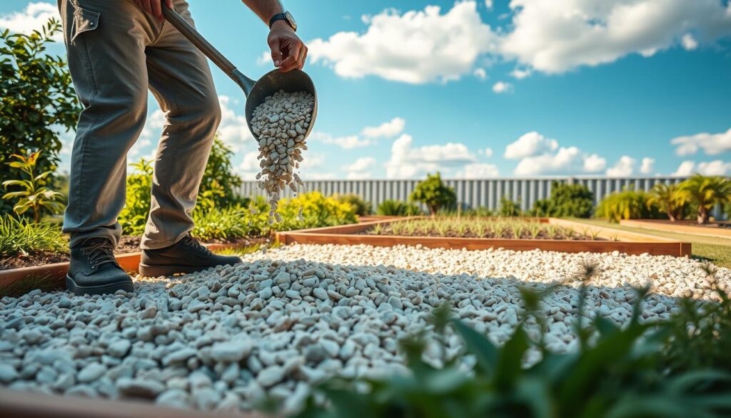 A serene garden scene showcasing a well-maintained outdoor space where small stones are being spread evenly over fresh geotextile fabric. In the foreground, a gardener in modest casual clothing carefully pours a shovel of smooth, light-colored stones onto the fabric, with soft sunlight illuminating the action. The middle ground features neatly defined edges made from wooden borders, creating a clear distinction between the stone area and lush green plants surrounding it. In the background, a blue sky dotted with fluffy white clouds enhances the peaceful atmosphere. The lighting is warm and inviting, casting soft shadows that emphasize the textures of the stones and fabric. The overall mood conveys a sense of tranquility and diligence in creating a beautiful, lasting garden landscape.