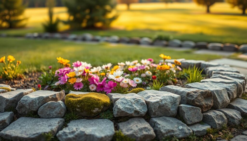 A serene garden scene showcasing natural stone edging ("kamienne obrzeża") surrounding a lush flower bed. In the foreground, the intricately arranged stones, varying in size and texture, form a sturdy and attractive border, some moss-covered to indicate age. In the middle ground, a vibrant mix of blooming flowers in various colors contrasts with the earthy tones of the stones. The background includes soft green grass and a few scattered trees, bathed in warm, golden sunlight, creating a peaceful atmosphere. The scene is captured from a low angle, emphasizing the stonework, with a shallow depth of field to blur the distant background slightly, inviting the viewer to focus on the beauty of the stone edges in the garden.