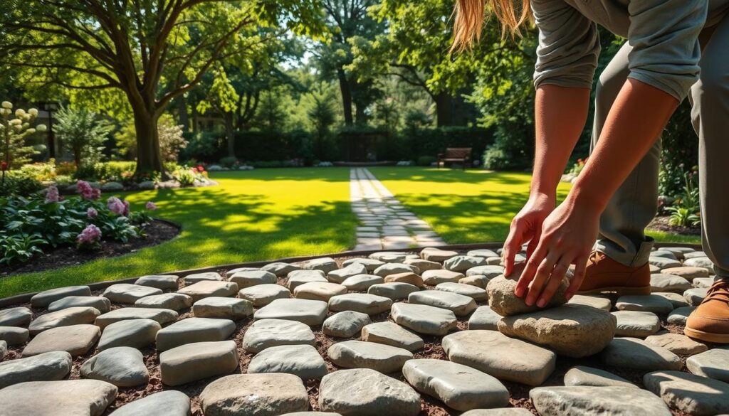 A serene garden scene showcasing the art of stone arrangement. In the foreground, a skilled gardener, dressed in modest casual clothing, is carefully placing smooth river stones in an aesthetically pleasing pattern, their hands gently adjusting the placement. In the middle ground, a variety of different sized stones form an intriguing path leading to a lush green lawn, bordered by intricate landscaping and soft, vibrant flowers. In the background, tall trees provide dappled shade, enhancing the tranquil atmosphere. The lighting is warm and natural, evoking a sense of calm, with sunlight filtering through the leaves. The image captures meticulous attention to detail and the harmony of nature in a well-thought-out garden design.