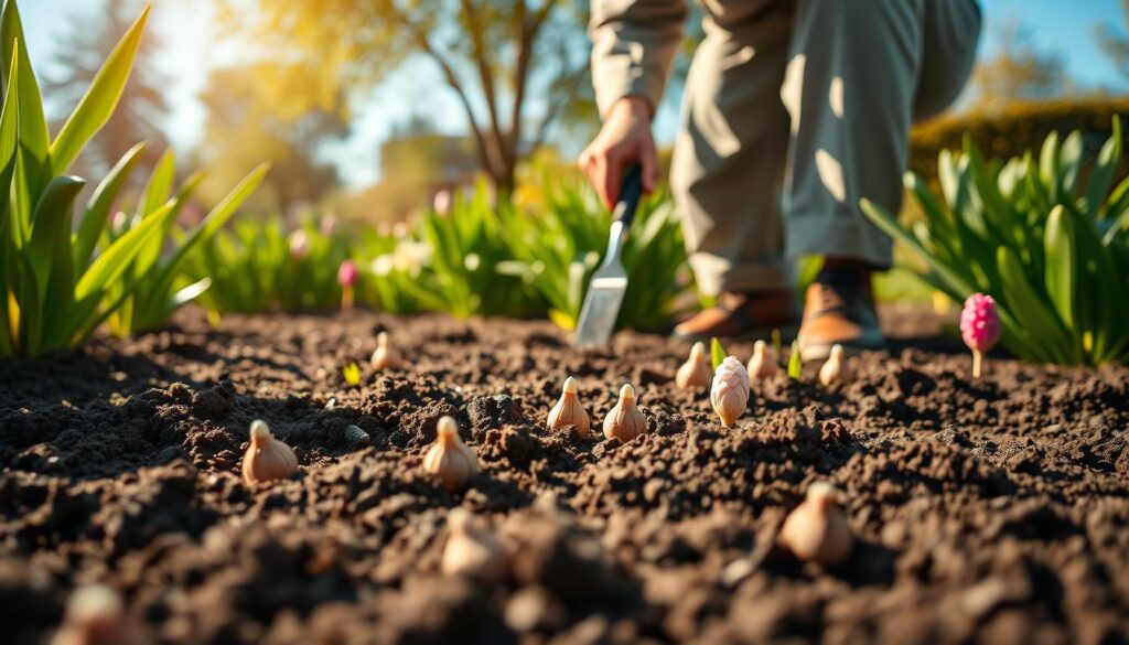 A serene garden scene showcasing the best time for planting flowers, specifically hyacinths. In the foreground, freshly dug soil with young hyacinth bulbs nestled in prepared beds, ready for planting. The middle ground features a gardener, dressed in modest casual clothing, gently placing the bulbs in the earth with a trowel, embodying care and expertise. Surrounding them are vibrant green plants and budding spring blooms, indicating rejuvenation and growth. The background consists of a clear blue sky with soft, warm sunlight filtering through leaves, casting gentle shadows across the garden. The mood is peaceful and hopeful, reflecting the joy of gardening. Focused composition with a soft depth of field, creating a harmonious, inviting atmosphere.
