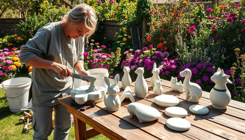 A serene garden scene showcasing the creative process of making concrete garden decorations. In the foreground, a skilled artisan, dressed in modest casual clothing, is carefully pouring a light gray concrete mixture into a flower-shaped mold. Tools like trowels and buckets are scattered around, highlighting the crafting process. The middle ground features freshly made concrete ornaments, including whimsical animals and elegant stepping stones, arranged on a wooden table. In the background, a lush garden filled with vibrant flowers and greenery adds color and life to the setting. Soft, natural sunlight enhances the warm atmosphere, creating gentle shadows. The scene conveys a sense of creativity and tranquility, perfect for inspiring readers. A serene garden scene showcasing the creative process of making concrete garden decorations. In the foreground, a skilled artisan, dressed in modest casual clothing, is carefully pouring a light gray concrete mixture into a flower-shaped mold. Tools like trowels and buckets are scattered around, highlighting the crafting process. The middle ground features freshly made concrete ornaments, including whimsical animals and elegant stepping stones, arranged on a wooden table. In the background, a lush garden filled with vibrant flowers and greenery adds color and life to the setting. Soft, natural sunlight enhances the warm atmosphere, creating gentle shadows. The scene conveys a sense of creativity and tranquility, perfect for inspiring readers.