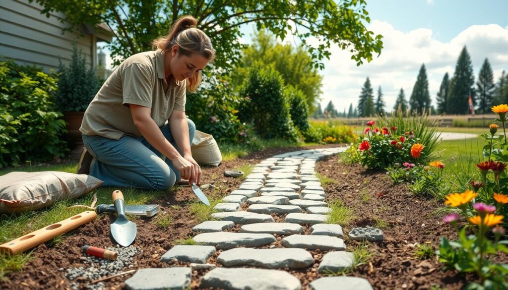 A serene garden scene showcasing the process of creating a garden path. In the foreground, a homeowner wearing modest, casual clothing is kneeling, carefully arranging stones to form a decorative pathway. The middle ground features various tools such as a trowel, a level, and bags of gravel neatly placed beside the partially completed path. Lush greenery, vibrant flowers, and a few ornamental plants line the sides of the path, enhancing the inviting atmosphere. The background depicts a sunny sky with soft, fluffy clouds and a distant view of tall trees, creating a peaceful ambiance. Natural lighting highlights the textures of the stones and the soil, while shallow depth of field emphasizes the intricate details of the path construction.
