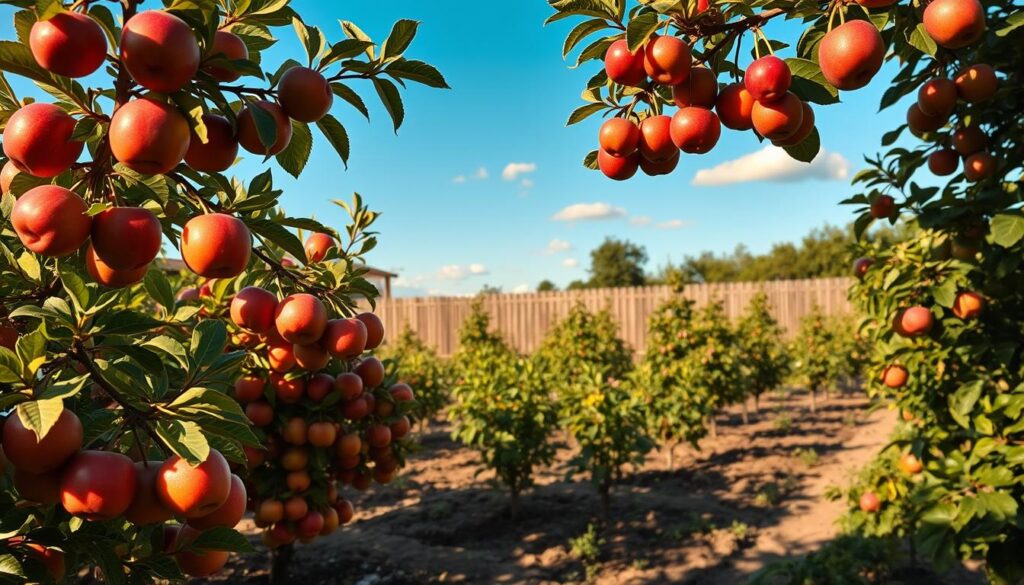 A serene garden scene showcasing various fruit trees ideal for home gardens. In the foreground, vibrant apple and cherry trees laden with ripe fruits, their branches slightly swaying in a gentle breeze. The middle ground features a well-tended vegetable patch, interspersed with clusters of young peach and pear trees, casting dappled sunlight on the soil. The background includes a clear blue sky, dotted with a few fluffy clouds and a picturesque wooden fence. The lighting is warm and inviting, evoking a sense of peacefulness and abundance in the air. The perspective is slightly elevated, capturing both the beauty of the fruit trees and the organized layout of the garden, creating a mood of harmony and diligence in nature.
