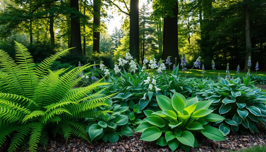 A serene garden scene showcasing various shade-loving plants. In the foreground, vibrant ferns with lush green fronds and delicate hostas with variegated leaves. In the middle ground, softly blooming flowers such as astilbes and toad lilies, peeking out from a layer of soft mulch. In the background, tall trees create a dappled shade, casting gentle patterns of light through their leaves. The lighting is soft and diffused, reminiscent of a peaceful early morning, enhancing the rich greens of the foliage. The atmosphere is tranquil and inviting, ideal for highlighting the unique requirements of shade-loving plants in a garden setting. Capture this in a wide-angle shot to encompass the variety and beauty of these plants.