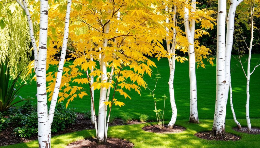 A serene garden scene showcasing various types of garden birches (Betula), each displaying distinct characteristics. In the foreground, a graceful Himalayan birch with its white, peeling bark stands beside a clumping river birch, showcasing its multi-stemmed form. The middle ground features a majestic paper birch with golden autumn leaves, while two young Japanese white birches create a harmonious backdrop. Soft, dappled sunlight filters through the leaves, casting gentle shadows on the ground. The background includes a lush green lawn, enhancing the vibrant hues of the birches. The scene captures the tranquility of a well-kept garden, inviting viewers to explore the beauty and diversity of birch varieties. The overall mood is peaceful and inviting, with a focus on the natural beauty and ornamental qualities of these trees.