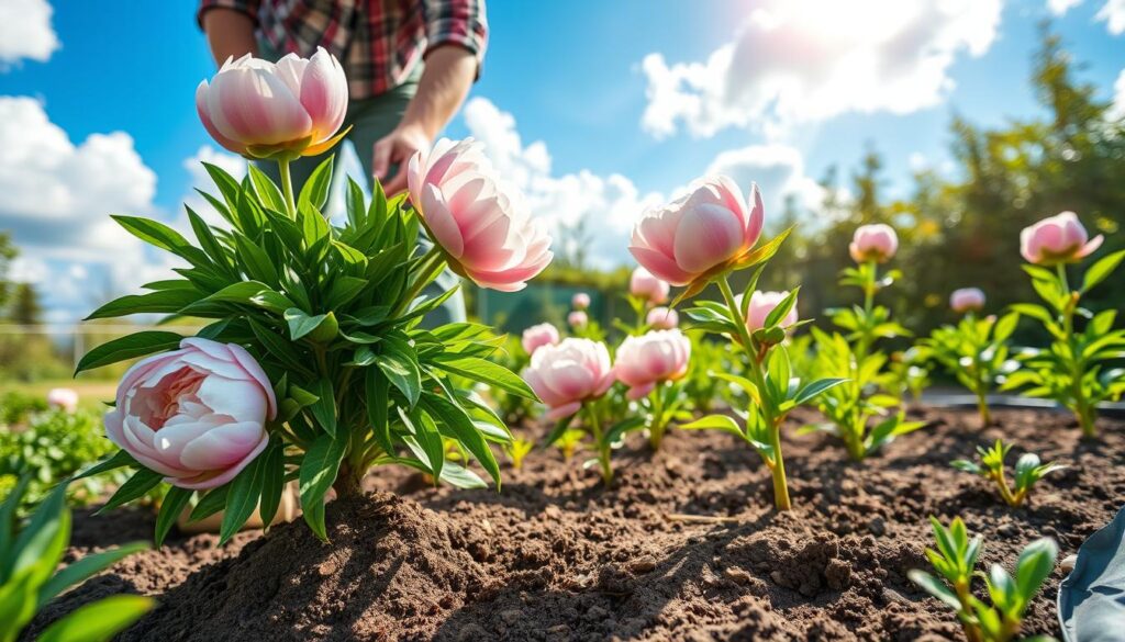A serene garden scene showing the benefits of transplanting peonies. In the foreground, a gardener in modest casual clothing is gently excavating a healthy peony plant, showcasing the process of careful replanting. The peony blooms are vibrant and lush, with soft pink and white petals contrasting against the rich green leaves. In the middle ground, freshly turned soil reveals healthy roots, while newly planted peonies thrive in their new locations, symbolizing growth and vitality. The background features a bright blue sky with fluffy white clouds, with sunlight illuminating the garden, creating a warm, inviting atmosphere. The composition focuses on the gardener’s nurturing actions, emphasizing the theme of caring for plants and the importance of transplantation.