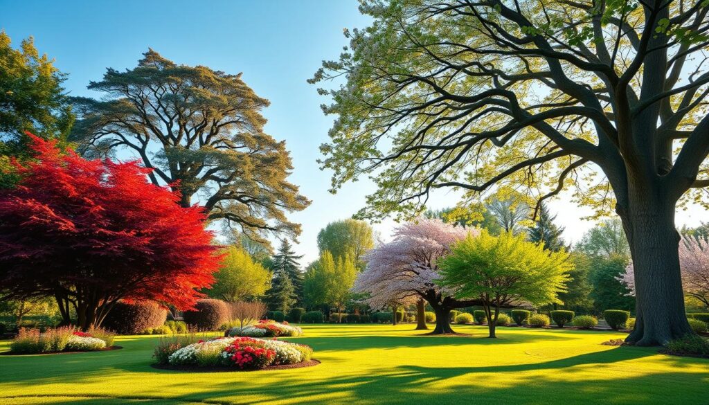 A serene garden scene that showcases the best trees for a garden, featuring a variety of species such as vibrant Japanese Maple, majestic Oak, and blossoming Cherry trees in the foreground. The middle ground includes well-maintained flower beds and soft grass, giving a lush feel. In the background, a gentle blue sky contrasts with the trees’ rich greens and colorful blooms. The lighting is warm and inviting, reminiscent of late afternoon sun casting soft shadows. The overall atmosphere is tranquil and picturesque, ideal for a gardening article. The composition should be captured with a slightly elevated angle, emphasizing the beauty of the trees while maintaining an immersive depth. The scene is peaceful and harmonious, showcasing nature's elegance. A serene garden scene that showcases the best trees for a garden, featuring a variety of species such as vibrant Japanese Maple, majestic Oak, and blossoming Cherry trees in the foreground. The middle ground includes well-maintained flower beds and soft grass, giving a lush feel. In the background, a gentle blue sky contrasts with the trees’ rich greens and colorful blooms. The lighting is warm and inviting, reminiscent of late afternoon sun casting soft shadows. The overall atmosphere is tranquil and picturesque, ideal for a gardening article. The composition should be captured with a slightly elevated angle, emphasizing the beauty of the trees while maintaining an immersive depth. The scene is peaceful and harmonious, showcasing nature's elegance.