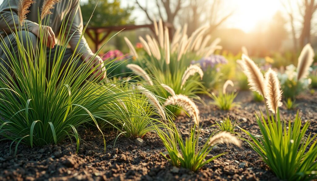 A serene garden setting showcasing ornamental grasses being planted in early spring. In the foreground, a gardener in modest casual clothing kneels beside a cluster of lush, green ornamental grasses, carefully placing them into well-tilled soil. The middle ground features a variety of grasses such as Miscanthus and Pennisetum, their delicate blades swaying gently in the breeze, embodying vitality and beauty. The background reveals a sunlit landscape with blooming flowers and trees, bathed in warm golden sunlight, enhancing the inviting atmosphere. Soft, diffused lighting casts gentle shadows, creating a peaceful, tranquil mood, ideal for gardening enthusiasts. The angle captures the interplay of the gardener's hands and the grasses, emphasizing the nurturing aspect of planting.