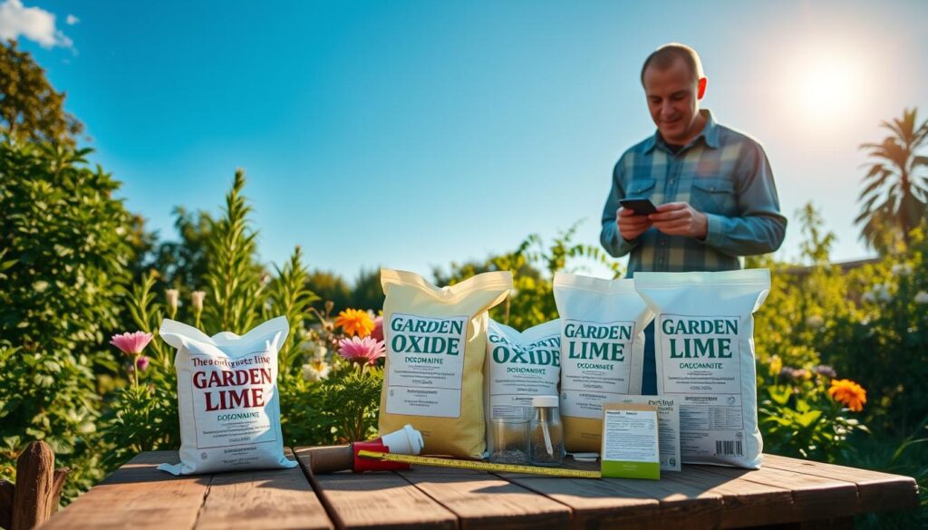 A serene garden setting showcasing the selection process of garden lime, emphasizing three types: dolomite, oxide, and carbonate. In the foreground, a gardener wearing modest casual clothing examines bags of these limes, with labels clearly visible. The middle ground features a selection of lush plants and blooming flowers, symbolizing a healthy garden environment, paired with a rustic wooden table displaying measuring tools and soil test kits. In the background, a bright blue sky enhances the peaceful atmosphere, with the sun casting warm, natural light over the scene. The angle is slightly elevated, providing a comprehensive view of the gardening process, evoking a sense of care and attention to detail in horticulture. The overall mood is tranquil and educational, perfect for illustrating responsible garden management.