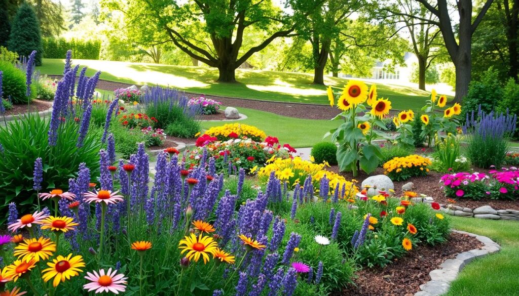 A serene garden showcasing a variety of perennial plants in full bloom, with vibrant colors and rich textures. In the foreground, clusters of brightly colored flowers such as coneflowers, daylilies, and lavender create a lively display. The middle ground features lush green foliage and well-defined flower beds, bordered by meticulously arranged stones and decorative mulch. Towering sunflowers stand proudly, adding height and a focal point to the scene. In the background, a gentle slope ascends toward a grove of trees with soft, dappled sunlight filtering through the leaves, casting a warm glow across the garden. The overall mood is tranquil and inviting, evoking a sense of harmony with nature. Captured from a slightly elevated angle to allow for a comprehensive view, emphasizing the beauty and diversity of perennials.