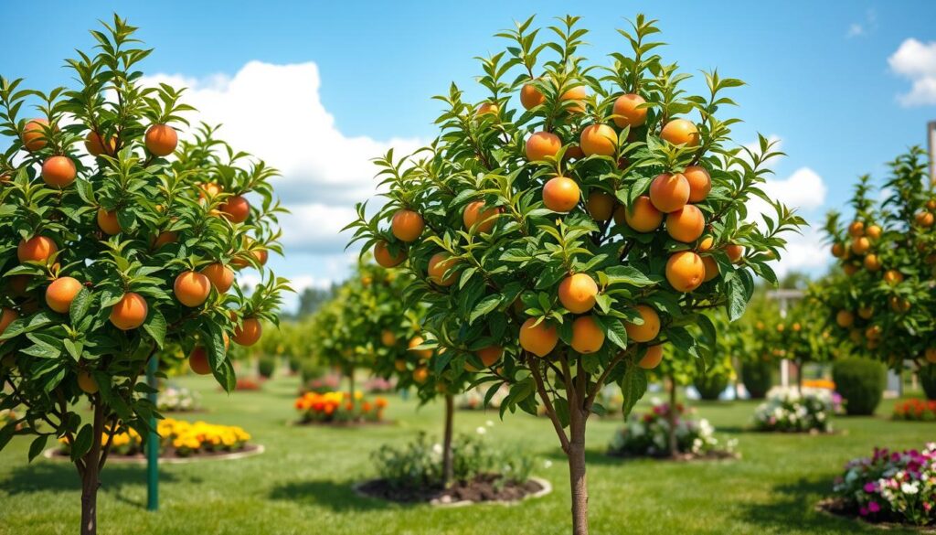 A serene garden showcasing miniature fruit trees, specifically dwarf apple and peach varieties, creating a lush, vibrant feel. In the foreground, the trees are laden with colorful fruits, such as red apples and yellow peaches, their branches gently swaying in a soft breeze. The middle ground features a well-maintained lawn and neatly arranged flower beds blooming with seasonal flowers, enhancing the garden's charm. The background presents a clear blue sky with a few fluffy white clouds, casting diffused sunlight over the scene, highlighting the rich colors of the fruits and foliage. A shallow depth of field emphasizes the trees, inviting viewers to imagine the ideal spacing and layout for planting in their own gardens. The atmosphere is tranquil and inviting, perfect for showcasing home gardening.