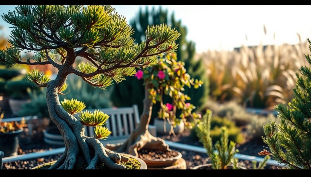 A serene outdoor scene showcasing various frost-resistant bonsai trees in an organized garden setting. In the foreground, a beautifully shaped Japanese black pine bonsai, its intricate branches and lush green needles catching the soft morning light. Nestled beside it, a graceful Juniper bonsai with its cascading foliage, creating a harmonious contrast. The middle ground features a small, gently curved wooden bench, inviting contemplation. In the background, a blurred garden with soft-focus flowering shrubs and tall grasses, framed by a clear blue sky. The sunlight casts a warm ambiance, illuminating the textures of the bonsai leaves, enhancing their vivid colors. The overall mood is peaceful and tranquil, ideal for showcasing the beauty and resilience of these particular species in a chilly climate.