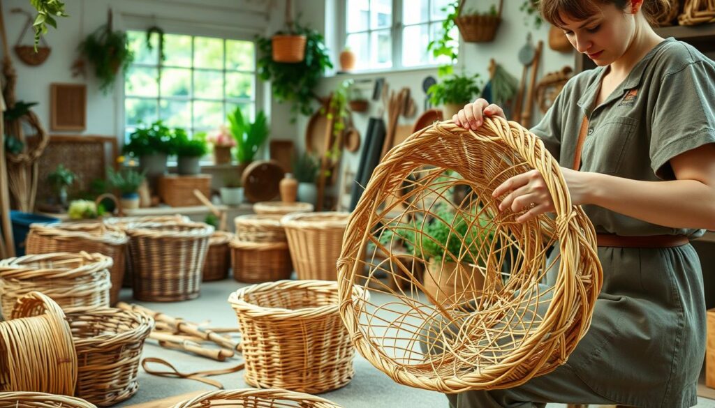 A serene, well-lit workshop setting, showcasing the step-by-step creation of wicker baskets. In the foreground, a skilled artisan, dressed in modest casual clothing, is weaving thin strips of pliable willow into an intricate basket design. The artisan's hands are deftly crafting the basket, highlighting the detailed weaving techniques. The middle section features various wicker tools and materials, such as coils of willow and baskets in different stages of completion. In the background, a large window lets in soft, natural light, illuminating the workshop filled with greenery and garden decorations. The atmosphere is warm and inviting, emphasizing craftsmanship and dedication to art, creating a peaceful atmosphere of creativity and inspiration.