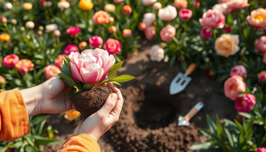 A skilled gardener is carefully transplanting peonies in a lush garden setting. In the foreground, a pair of hands gently hold a vibrant peony root ball, showing fine details of the soil and roots. In the middle ground, a neatly prepared planting hole is visible, with gardening tools such as a trowel and gloves subtly placed nearby. Surrounding the scene, colorful peony blooms in various stages of growth create a vibrant backdrop that reflects the beauty of the garden. Soft, natural lighting illuminates the scene, casting a warm glow and enhancing the colors of the flowers. The angle is slightly elevated, giving an expansive view of the garden, while maintaining a focus on the act of transplanting, conveying a mood of care and dedication in gardening practices.