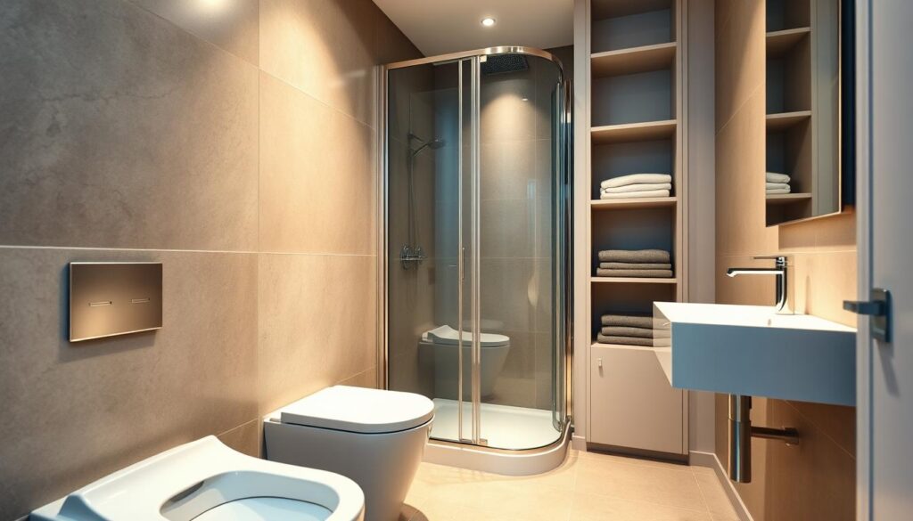 A small, modern bathroom elegantly designed to maximize space, featuring minimalist sanitary ware. In the foreground, display a sleek, compact toilet with a soft-close lid and a stylish, square sink with a contemporary faucet. In the middle, showcase a unique corner shower with transparent glass doors, surrounded by tasteful tiles in neutral tones. The background highlights a tall, narrow storage cabinet with open and closed shelving, displaying neatly arranged towels and bathroom essentials. Soft, warm lighting enhances the inviting atmosphere, creating a serene mood. The angle captures the room's depth, emphasizing functionality and style, making it feel spacious and well-organized, ideal for a small urban setting.