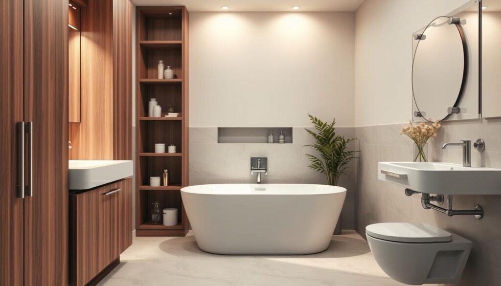 A small, modern bathroom with creatively concealed pipes and plumbing. In the foreground, showcase stylish cabinetry and elegant built-in storage solutions that effectively hide the exposed pipes, featuring a mix of wood and sleek finishes. In the middle ground, display a serene bathtub with soft lighting casting gentle shadows, enhancing the clean lines of the bathroom design. Add a small, accessible service hatch subtly integrated into the cabinetry for maintenance. The background should feature soft pastel walls, elegant tiles, and ornamental plants for a fresh feel. Utilize warm, natural lighting to create a calm and inviting atmosphere, with a wide-angle perspective to capture the entire space, ensuring clarity and focus on the solutions for concealing plumbing in a small bathroom. A small, modern bathroom with creatively concealed pipes and plumbing. In the foreground, showcase stylish cabinetry and elegant built-in storage solutions that effectively hide the exposed pipes, featuring a mix of wood and sleek finishes. In the middle ground, display a serene bathtub with soft lighting casting gentle shadows, enhancing the clean lines of the bathroom design. Add a small, accessible service hatch subtly integrated into the cabinetry for maintenance. The background should feature soft pastel walls, elegant tiles, and ornamental plants for a fresh feel. Utilize warm, natural lighting to create a calm and inviting atmosphere, with a wide-angle perspective to capture the entire space, ensuring clarity and focus on the solutions for concealing plumbing in a small bathroom.
