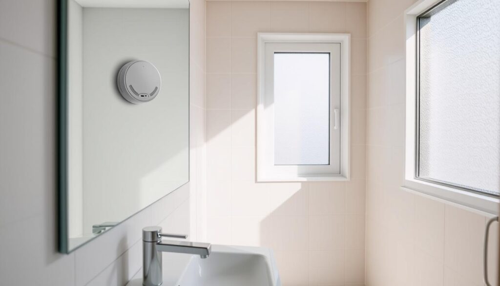 A small, well-lit bathroom featuring a mounted carbon monoxide detector on the wall at eye level, highlighting the ideal installation height and location. The detector has a modern design, with a clear indicator light. In the foreground, a sleek, minimalistic sink and a large mirror reflect the clean lines of the room, creating a sense of safety and cleanliness. The walls are tiled in soft, neutral colors, enhancing the calming atmosphere. Light streams in through a frosted window, casting soft shadows and illuminating the space. The angle captures both the detector and the surrounding bathroom elements, emphasizing the importance of proper placement for safety. The overall mood is bright and reassuring, promoting awareness of safety in small spaces.