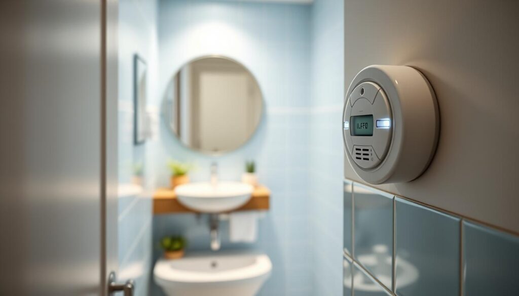 A small, well-lit bathroom with modern decor, showcasing a carbon monoxide detector installed on the wall at the recommended height. The foreground features a close-up of the detector, highlighting its sleek design and LED indicator light. In the middle ground, the bathroom ambiance includes a minimalist sink with a mirror and tasteful green plants, creating a fresh atmosphere. The background shows pale blue tiles and soft lighting that reflects off the surfaces, enhancing the sense of cleanliness and safety. The image should convey a serene, safety-conscious vibe, emphasizing the importance of proper CO detector placement in homes while maintaining a professional aesthetic.