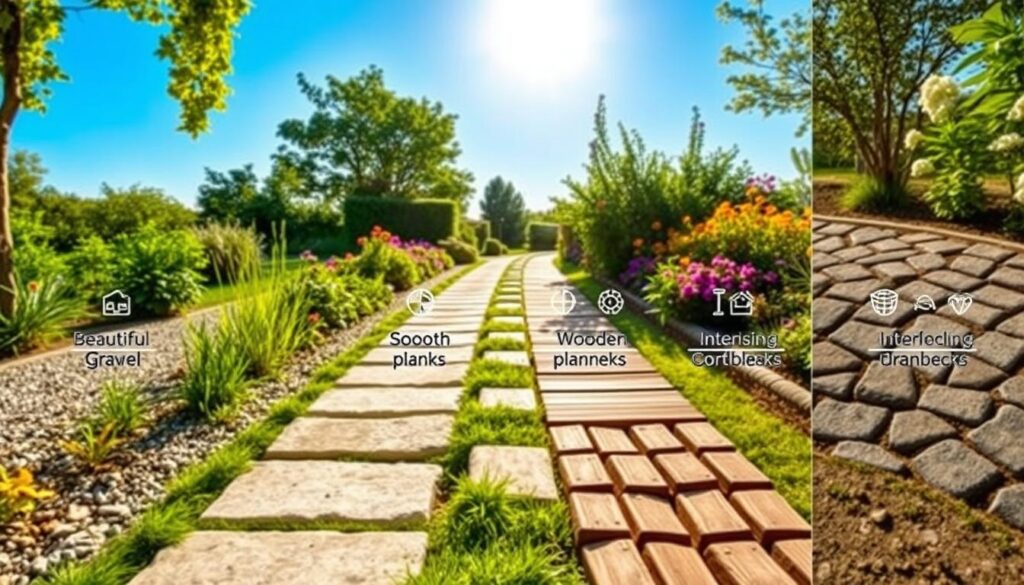 A split-scene garden pathway image showcasing the pros and cons of different materials: in the foreground, a beautifully designed gravel path, smooth stone slabs, rustic wooden planks, and interlocking cobblestones. Each section labeled with simple, illustrative icons representing benefits and drawbacks. The middle ground features lush greenery and colorful flowers, creating a vibrant atmosphere. The background includes a sunny blue sky, casting warm natural light to enhance the textures of each material. Use a high-angle perspective to capture the variety of pathways, ensuring clarity and depth. The overall mood should feel inviting and informative, highlighting the beauty and practicality of each option without any text or distractions.