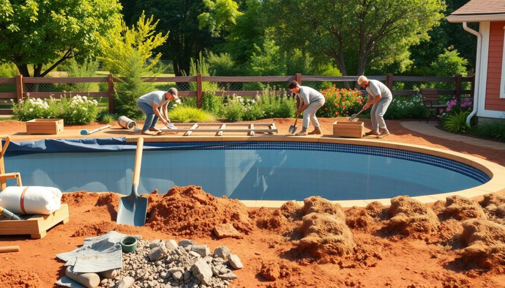 A step-by-step illustration of building a swimming pool in a garden, showcasing various stages. In the foreground, show tools and materials like shovels, concrete mix, and pool liners. The middle ground depicts workers in modest casual attire collaborating to dig the pool site and set up frames, with detailed attention to their focused expressions and teamwork. The background encompasses a lush garden with trees and flowers, adding vibrancy. The scene is bathed in warm, natural sunlight, creating a bright and inviting atmosphere. Use a wide-angle lens for a comprehensive view that captures the scale of the project, ensuring clarity and depth. The overall mood should evoke a sense of progress and accomplishment in outdoor home improvement.