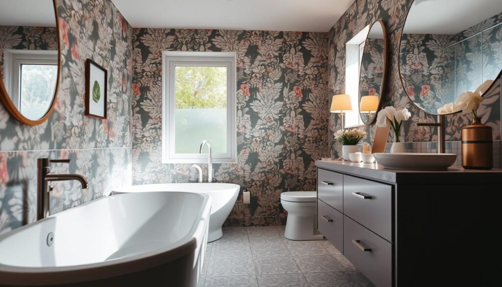 A stylish and modern bathroom featuring unique wallpaper instead of traditional tiles. In the foreground, elegant fixtures like a freestanding bathtub and a sleek vanity are visible. The middle ground showcases beautifully patterned wallpaper with floral and geometric designs, creating a vibrant yet soothing atmosphere. Natural light filters through a frosted window, enhancing the space with a warm glow. The background includes tasteful decor elements such as potted plants and framed artwork, adding to a contemporary feel. The scene is tranquil and inviting, perfect for illustrating the new trend of using wallpaper in bathrooms. The camera angle is slightly elevated, capturing the full aesthetic without any distractions or text elements.