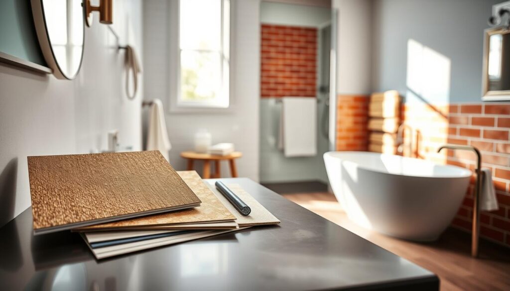 A stylish and modern bathroom showcasing a transformation featuring various materials used to conceal old tiles. In the foreground, a close-up of texture samples like peel-and-stick vinyl, decorative panels, and paint swatches elegantly displayed on a sleek countertop. The middle ground displays a partially renovated bathroom with a fresh, vibrant look, highlighting these materials in use on wall sections. The background includes a soft-focus view of a sleek bathtub and minimalist fixtures, capturing a serene atmosphere. Natural light streams in through a window, casting gentle shadows and enhancing the color richness of the materials. The overall mood is inspiring and rejuvenating, aiming to suggest an achievable weekend upgrade.