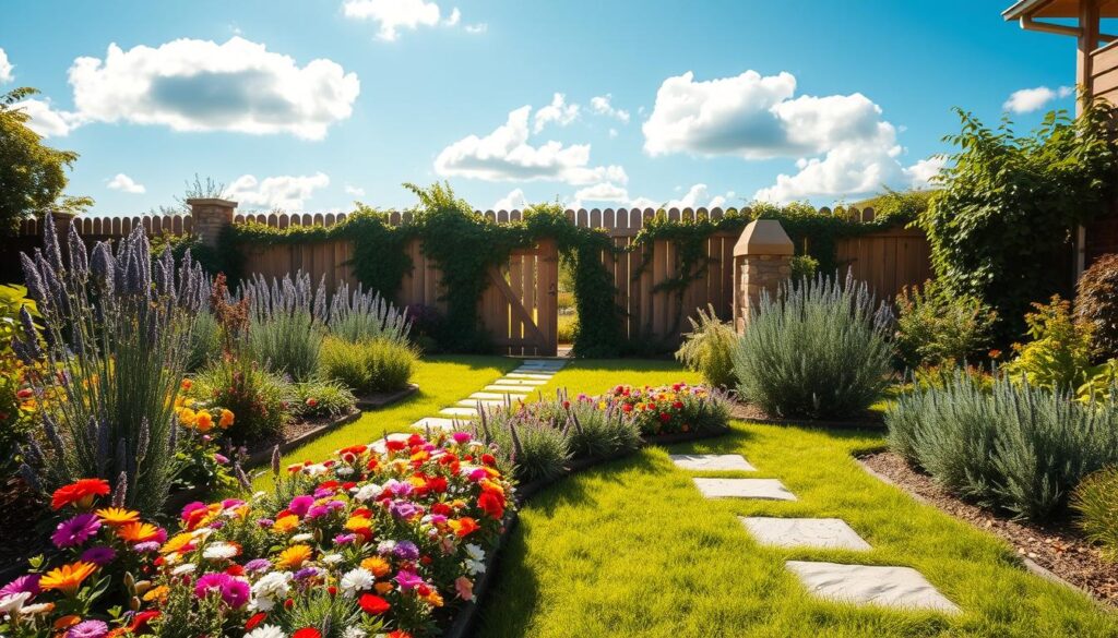 A tranquil front garden showcasing effortless maintenance, featuring neatly organized flower beds with vibrant perennials and low-maintenance shrubs in the foreground. In the middle ground, a charming stone pathway meanders through lush green grass, bordered by aromatic herbs like lavender and rosemary. The background presents a picturesque wooden fence draped with climbing vines, under a bright blue sky with fluffy white clouds. Soft, golden sunlight illuminates the scene, casting gentle shadows that enhance the serene atmosphere. The perspective is slightly elevated, capturing the harmonious layout of plants and pathways. This image embodies the essence of easy garden care, evoking a sense of calm and order.