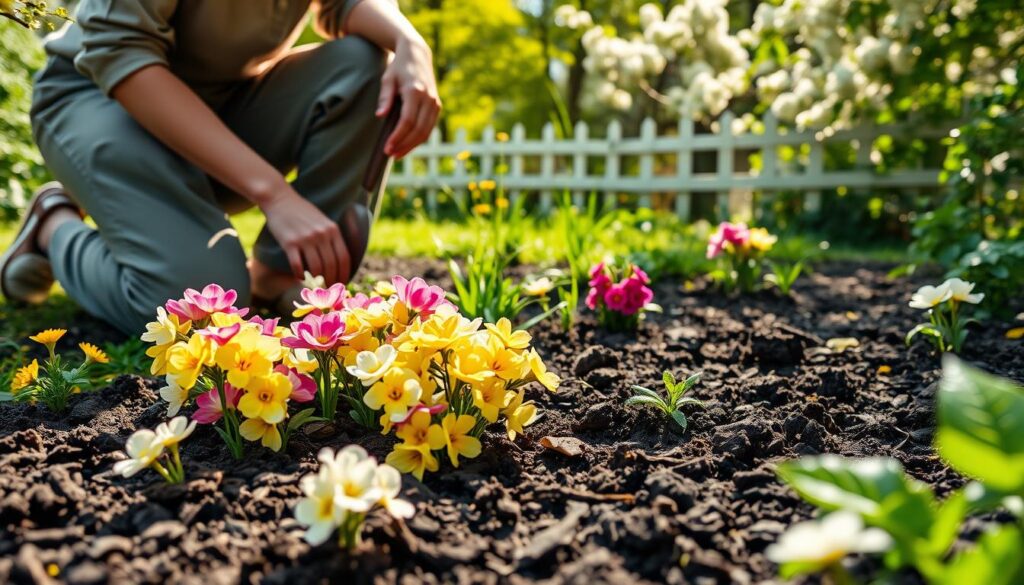 A tranquil garden scene depicting the planting of primroses in spring. In the foreground, vibrant clusters of pink, yellow, and white primroses are freshly placed in rich, dark soil. A gardener, dressed in modest casual clothing, kneels beside a small trowel, gently placing the flowers into the earth. In the middle ground, lush greenery surrounds the planted area, with soft sunlight filtering through leaves, creating a warm and inviting atmosphere. The background features a charming garden fence and blooming trees, emphasizing the beauty of nature during the growing season. The image captures a serene moment, evoking feelings of hope and renewal, perfect for illustrating the optimal planting time for primroses. Bright, natural lighting enhances the colors and details, inviting viewers into this peaceful gardening experience. A tranquil garden scene depicting the planting of primroses in spring. In the foreground, vibrant clusters of pink, yellow, and white primroses are freshly placed in rich, dark soil. A gardener, dressed in modest casual clothing, kneels beside a small trowel, gently placing the flowers into the earth. In the middle ground, lush greenery surrounds the planted area, with soft sunlight filtering through leaves, creating a warm and inviting atmosphere. The background features a charming garden fence and blooming trees, emphasizing the beauty of nature during the growing season. The image captures a serene moment, evoking feelings of hope and renewal, perfect for illustrating the optimal planting time for primroses. Bright, natural lighting enhances the colors and details, inviting viewers into this peaceful gardening experience.