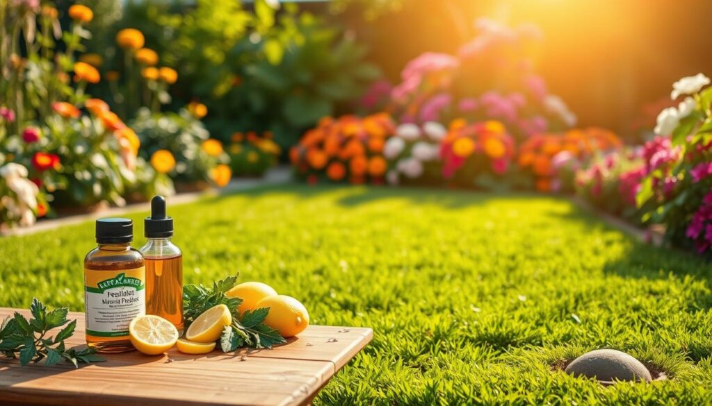 A tranquil garden scene focusing on natural repellents for voles. In the foreground, display various organic repellents like essential oil bottles, lemon peels, and strong-smelling herbs, arranged aesthetically on a wooden table. The middle ground features a lush green lawn, expertly manicured and free from vole damage, with small burrow holes covered, suggesting effective protection. In the background, vibrant flowers and shrubs create a rich, colorful border under soft, warm afternoon sunlight. Use a shallow depth of field to emphasize the foreground while slightly blurring the background, creating a serene and inviting atmosphere. The scene should evoke feelings of peace and safety in a well-cared-for garden space.