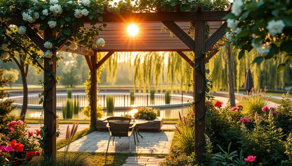 A tranquil garden scene showcasing "mała architektura," featuring a charming wooden pergola adorned with climbing vines and blooming flowers in the foreground. In the middle ground, a cozy seating area with elegant wrought iron furniture, surrounded by neatly arranged flower beds and lush greenery. In the background, a serene pond reflects the sky, framed by soft willows. The lighting is soft and warm, reminiscent of golden hour, enhancing the inviting atmosphere. A slight depth of field focuses on the details of the pergola, while the background remains softly blurred, creating a peaceful and harmonious mood. Aim for a natural color palette that evokes tranquility and beauty in the garden setting.