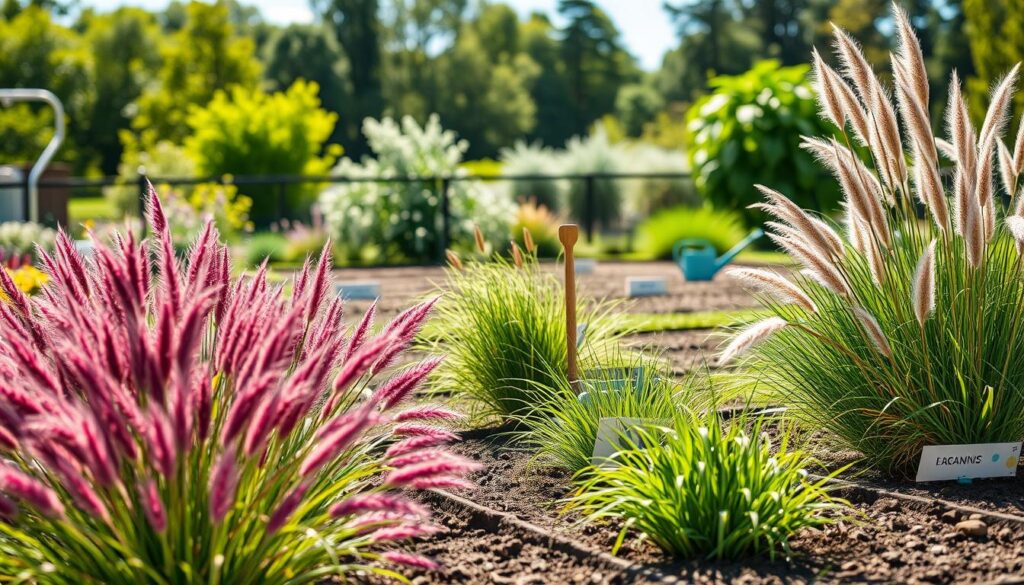 A tranquil garden scene showcasing the ideal planting times for ornamental grasses. In the foreground, vibrant clusters of various ornamental grasses, such as Miscanthus and Carex, are beautifully arranged in soil beds ready for planting. The middle ground features neatly labeled planting sections with tools like trowels and watering cans, reflecting an organized approach to gardening. The background includes a soft-focus view of lush greenery and a bright blue sky, suggesting a sunny day perfect for planting. The lighting is warm and inviting, enhancing the colors of the grasses and the overall garden setting. A sense of calm and growth permeates the atmosphere, evoking the joy of gardening and nature.