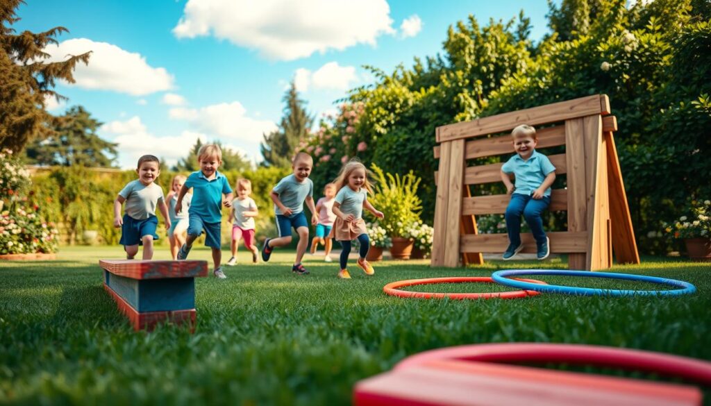 A vibrant and engaging outdoor children's obstacle course set in a lush garden. In the foreground, focus on various colorful obstacles: a balance beam made of bright wooden planks, hula hoops in vibrant colors laid on the grass, and a small climbing wall constructed from sturdy wooden panels. In the middle ground, showcase excited children aged 6-10 in modest casual clothing, navigating the course with smiles and laughter, promoting a joyful and energetic atmosphere. The background features a sunny blue sky with playful clouds, and greenery from the garden, including flowers and trees. Use warm lighting to create a cheerful mood, captured from a slightly elevated angle to encompass the entire setup, highlighting the fun and adventure of the obstacle course.