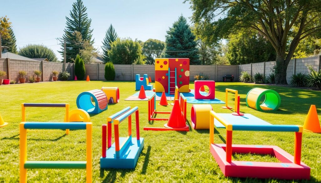 A vibrant backyard obstacle course designed for children, featuring 15 engaging elements. In the foreground, colorful foam hurdles, tunnels, and balance beams, arranged playfully. In the middle, a climbing wall and a slide, surrounded by bright cones and soft mats for safety. The background shows a sunny garden with green grass, trees, and a clear blue sky, adding a cheerful atmosphere. Soft, diffused sunlight illuminates the scene, casting gentle shadows. The perspective is slightly elevated, capturing the entire course in one glance. The mood is energetic and inviting, reflecting a fun and safe environment for children to play and explore. No text or overlays present in the image.