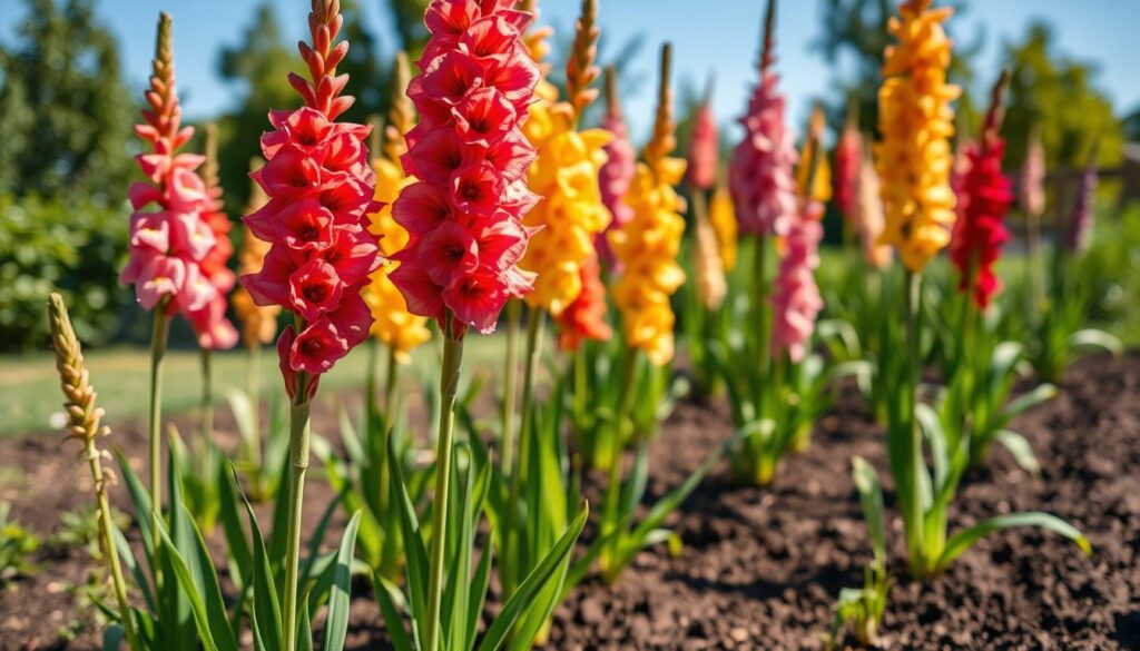 A vibrant garden scene featuring a beautiful array of gladiolus flowers, commonly known as "mieczyki," in full bloom. In the foreground, clusters of tall, colorful gladiolus stalks rise majestically, displaying their intricate petal structures in shades of pink, red, yellow, and purple. The middle ground shows a well-tilled garden bed, freshly prepared for planting, with rich, dark soil. In the background, soft-focus greenery of leafy plants and a clear blue sky adds depth to the scene. The lighting is warm and inviting, with the sunlight casting gentle shadows, creating a serene and nurturing atmosphere. Capture this scene from a slightly elevated angle, giving an overview of the garden layout, while ensuring a focus on the beauty of the gladiolus blooms.