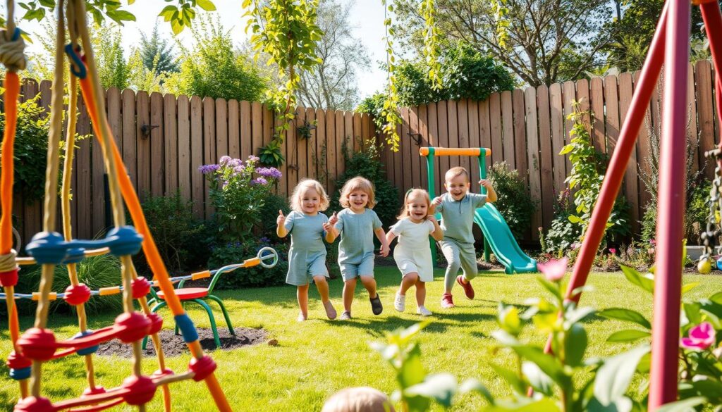 A vibrant garden scene featuring a playful children's jungle gym, known as a "monkey grove," set in a lush backyard. In the foreground, colorful climbing structures including ropes, swings, and slides integrate harmoniously with the surrounding greenery. The middle ground showcases cheerful children in modest casual clothing, joyfully interacting with the equipment, emphasizing a safe and inviting play area. In the background, a wooden fence encloses the garden, adorned with flowering plants and bright sky overhead, casting soft natural light on the scene. The atmosphere radiates happiness and safety, creating an ideal environment for children's outdoor play. The angle captures a slightly elevated view to emphasize the entirety of the play area. A vibrant garden scene featuring a playful children's jungle gym, known as a "monkey grove," set in a lush backyard. In the foreground, colorful climbing structures including ropes, swings, and slides integrate harmoniously with the surrounding greenery. The middle ground showcases cheerful children in modest casual clothing, joyfully interacting with the equipment, emphasizing a safe and inviting play area. In the background, a wooden fence encloses the garden, adorned with flowering plants and bright sky overhead, casting soft natural light on the scene. The atmosphere radiates happiness and safety, creating an ideal environment for children's outdoor play. The angle captures a slightly elevated view to emphasize the entirety of the play area.