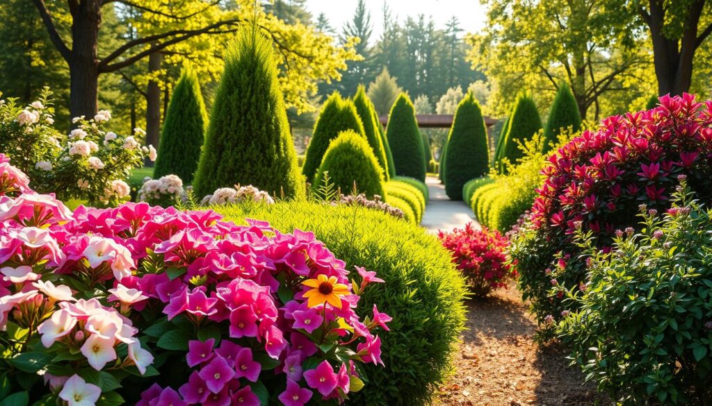 A vibrant garden scene featuring a variety of flowering and evergreen shrubs ideal for landscaping. In the foreground, lush blooming shrubs like hydrangeas and azaleas display vibrant colors, while sturdy, green, low-maintenance varieties such as boxwood and juniper stand in the middle. The background showcases a softly lit, sun-dappled garden path surrounded by tall trees that filter sunlight, creating an inviting atmosphere. Use warm, natural lighting to evoke a serene morning ambiance. The perspective should be slightly elevated, capturing the arrangement of the shrubs intricately while providing depth. The overall mood is peaceful and harmonious, perfect for a garden setting. A vibrant garden scene featuring a variety of flowering and evergreen shrubs ideal for landscaping. In the foreground, lush blooming shrubs like hydrangeas and azaleas display vibrant colors, while sturdy, green, low-maintenance varieties such as boxwood and juniper stand in the middle. The background showcases a softly lit, sun-dappled garden path surrounded by tall trees that filter sunlight, creating an inviting atmosphere. Use warm, natural lighting to evoke a serene morning ambiance. The perspective should be slightly elevated, capturing the arrangement of the shrubs intricately while providing depth. The overall mood is peaceful and harmonious, perfect for a garden setting.