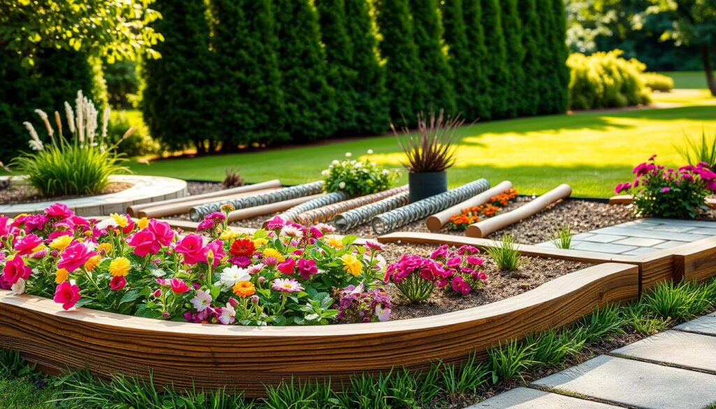 A vibrant garden scene featuring various materials used for garden edging, prominently displayed. In the foreground, a wooden border frames a colorful flowerbed, showcasing a mix of blooming plants. The middle ground presents different edging options: natural stone, brick, metal, and decorative plastic, arranged artistically to highlight their textures and colors. The background features a lush lawn and tall hedges, with sunlight filtering through the leaves, creating a warm, inviting atmosphere. The angle should be slightly elevated, capturing the beauty of each edging type while maintaining focus on the overall garden layout. Soft, diffused lighting enhances the vivid colors and details, evoking a serene and aesthetically pleasing garden environment. A vibrant garden scene featuring various materials used for garden edging, prominently displayed. In the foreground, a wooden border frames a colorful flowerbed, showcasing a mix of blooming plants. The middle ground presents different edging options: natural stone, brick, metal, and decorative plastic, arranged artistically to highlight their textures and colors. The background features a lush lawn and tall hedges, with sunlight filtering through the leaves, creating a warm, inviting atmosphere. The angle should be slightly elevated, capturing the beauty of each edging type while maintaining focus on the overall garden layout. Soft, diffused lighting enhances the vivid colors and details, evoking a serene and aesthetically pleasing garden environment.