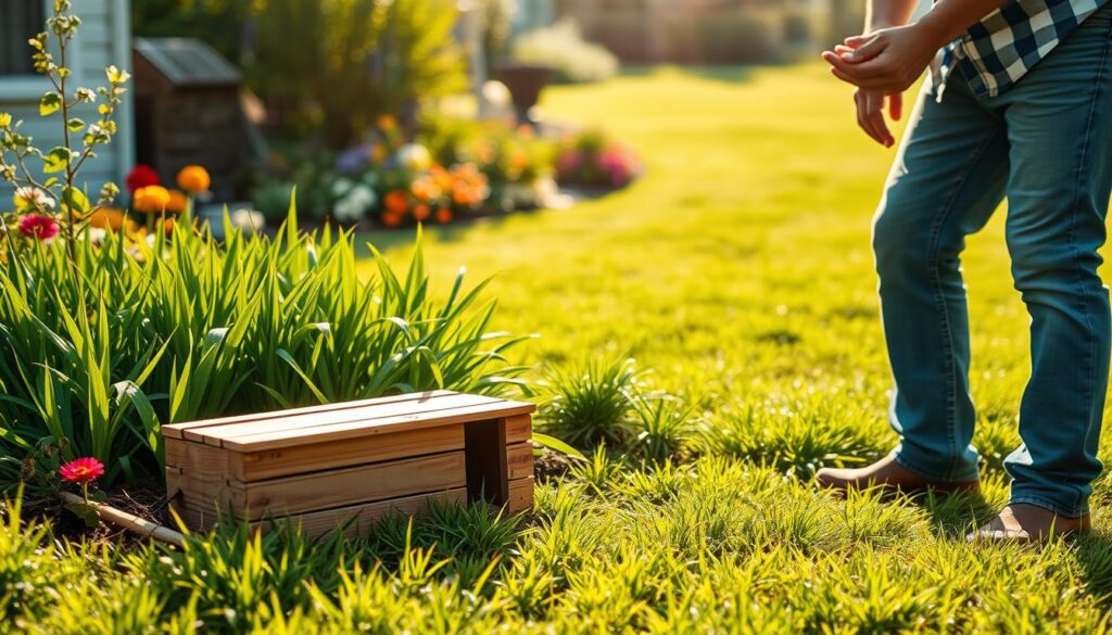 A vibrant garden scene showcasing a backyard with lush green grass and colorful flowers, highlighting effective methods to deter moles. In the foreground, a wooden trap is set discreetly among the plants, symbolizing protection strategies. To the right, a gardener wearing a casual shirt and jeans inspects the area, demonstrating hands-on care for the garden. In the background, a peaceful and flourishing lawn extends under soft, warm sunlight, creating a tranquil atmosphere. The lighting is natural, casting gentle shadows that enhance the vibrant colors of the garden. Capture a mood of diligence and resourcefulness, emphasizing harmony between nature and garden maintenance, without any text or distractions. A vibrant garden scene showcasing a backyard with lush green grass and colorful flowers, highlighting effective methods to deter moles. In the foreground, a wooden trap is set discreetly among the plants, symbolizing protection strategies. To the right, a gardener wearing a casual shirt and jeans inspects the area, demonstrating hands-on care for the garden. In the background, a peaceful and flourishing lawn extends under soft, warm sunlight, creating a tranquil atmosphere. The lighting is natural, casting gentle shadows that enhance the vibrant colors of the garden. Capture a mood of diligence and resourcefulness, emphasizing harmony between nature and garden maintenance, without any text or distractions.