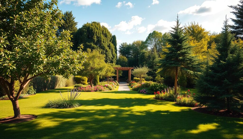 A vibrant garden scene showcasing sunlit areas and shaded spots, highlighting the effects of sunlight on tree selection. In the foreground, a variety of trees are displayed, including fruit trees, conifers, and flowering species, each casting distinct shadows on the lush grass. The middle ground features a sunny pathway lined with colorful flowers, leading to a small shaded gazebo, creating a contrast between sunlight and shade. In the background, a clear blue sky with soft clouds enhances the tranquil atmosphere. The lighting is warm and golden, suggesting a late afternoon sun, emphasizing the lush greenery. Capture this scene from a slightly elevated angle to portray both the sun-drenched and shaded areas effectively, inviting viewers to appreciate the interplay of light and nature in garden design. A vibrant garden scene showcasing sunlit areas and shaded spots, highlighting the effects of sunlight on tree selection. In the foreground, a variety of trees are displayed, including fruit trees, conifers, and flowering species, each casting distinct shadows on the lush grass. The middle ground features a sunny pathway lined with colorful flowers, leading to a small shaded gazebo, creating a contrast between sunlight and shade. In the background, a clear blue sky with soft clouds enhances the tranquil atmosphere. The lighting is warm and golden, suggesting a late afternoon sun, emphasizing the lush greenery. Capture this scene from a slightly elevated angle to portray both the sun-drenched and shaded areas effectively, inviting viewers to appreciate the interplay of light and nature in garden design.