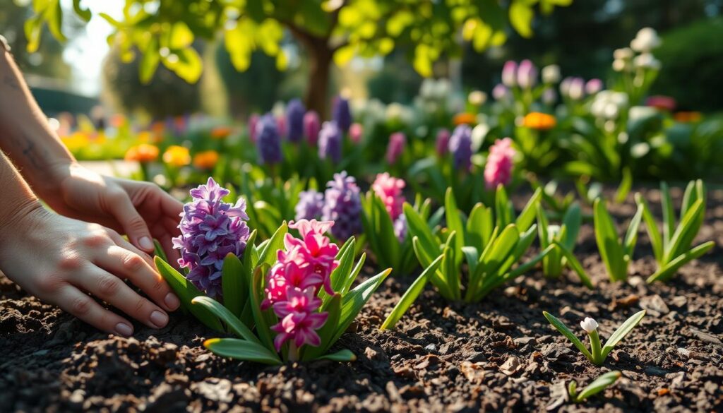 A vibrant garden scene showcasing the care of hyacinths post-planting. In the foreground, a pair of hands gently cultivating rich, dark soil around lush green hyacinth leaves, with vivid purple and pink flowers just beginning to bloom. The middle ground features a variety of hyacinth plants in different stages of growth, exhibiting a healthy sheen under soft sunlight. The background shows a blurred garden with blooming flowers and greenery, suggesting a serene spring ambiance. Warm, natural lighting filters through the leaves overhead, creating a cheerful and inviting atmosphere. The composition is at eye level, capturing the closeness of the gardening process and highlighting the beauty of these fragrant flowers.