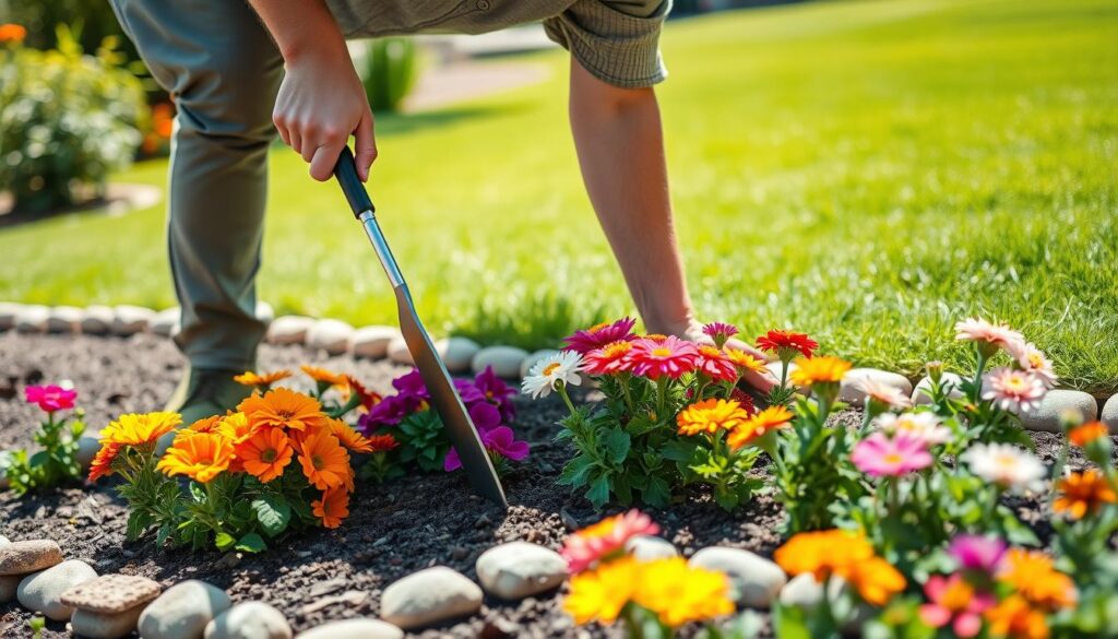 A vibrant garden scene showcasing the meticulous care of flowering beds in an outdoor setting. In the foreground, a gardener in modest casual clothing is tending to a well-defined flowerbed, using a small trowel to aerate the soil around colorful seasonal flowers, including petunias and marigolds. The middle ground features neatly trimmed borders of decorative stones, framing the blooming plants and adding structure to the design. In the background, a lush green lawn stretches under a bright blue sky, with soft sunlight illuminating the flowers and creating gentle shadows. The atmosphere is peaceful and inviting, capturing the essence of successful garden maintenance and the joy of cultivating beauty in nature.