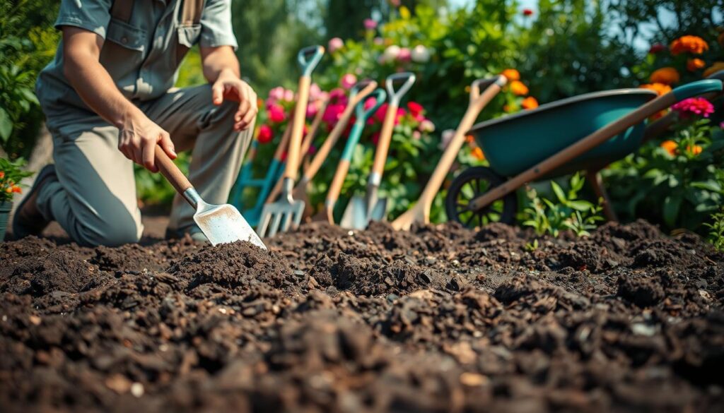 A vibrant garden scene showcasing the preparation of soil for planting. In the foreground, a gardener, dressed in modest casual clothing, kneels on rich, dark earth, using a hand trowel to break up clumps. In the middle ground, various gardening tools such as a rake, shovel, and wheelbarrow are neatly arranged, highlighting their use in soil preparation. Lush greenery surrounds the area, with colorful flowers blooming in the background under bright, sunny skies. Soft, natural lighting enhances the vivid colors and textures of the soil and plants, creating a warm and inviting atmosphere. The angle of the shot is slightly elevated, providing a comprehensive view of the garden space, inviting the viewer to envision the process of preparing the soil for a flourishing garden.
