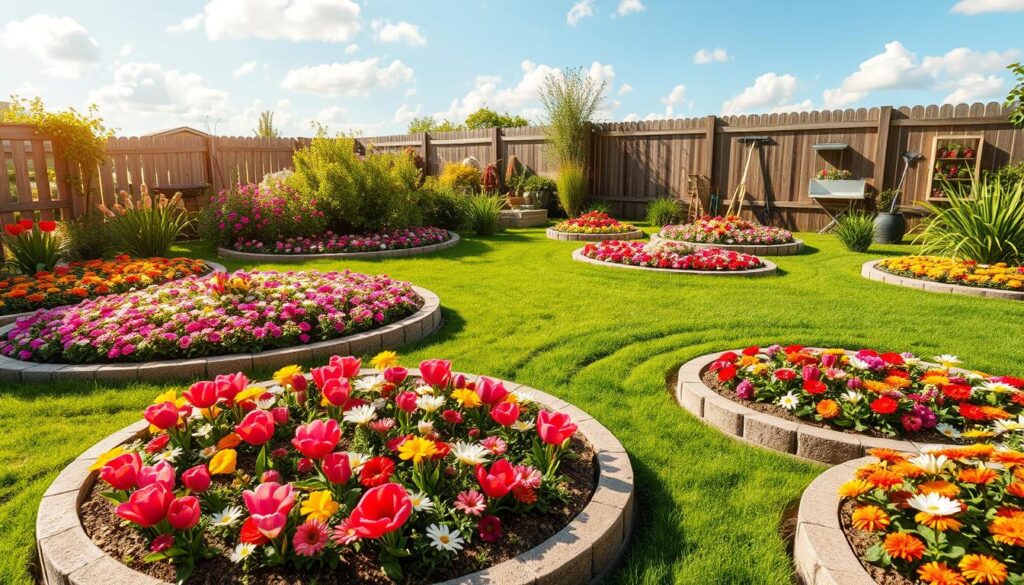 A vibrant garden scene showcasing various beautifully designed flower beds (klomby) in a sunny backyard setting. In the foreground, intricate, curved flower beds filled with colorful seasonal flowers, such as tulips, daisies, and marigolds, creating a lively and inviting atmosphere. The middle ground features lush green grass and well-defined borders made of natural materials like stone or wood, accentuating the flower beds. In the background, a clear blue sky with soft, fluffy clouds and a few garden tools leaned against a fence, adding a touch of realism. The overall lighting is bright and warm, enhancing the colors of the flowers and creating a cheerful mood. The composition is captured from a slight aerial angle, allowing a full view of the arrangement and design of the flower beds, promoting a sense of inspiration and creativity in gardening.