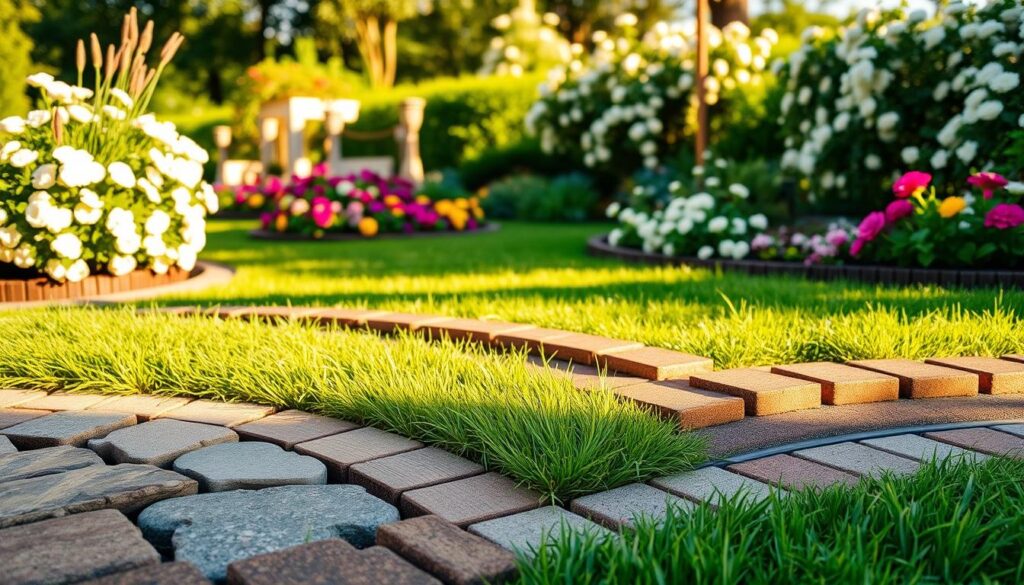 A vibrant garden scene showcasing various landscape edging materials. In the foreground, a variety of edging options including natural stone, wooden planks, brick, and metal borders, arranged artistically to highlight their textures and colors. In the middle, healthy green grass and blooming flower beds, slightly blurred to emphasize the edging materials. The background features a sunny garden with blooming shrubs and trees, casting gentle shadows, evoking a serene atmosphere. The scene is bathed in warm, golden hour light, enhancing the colors and creating soft contrasts. Capture this from a slightly elevated angle to provide a comprehensive view of the garden layout and edging materials, ensuring a harmonious and inviting garden ambiance.