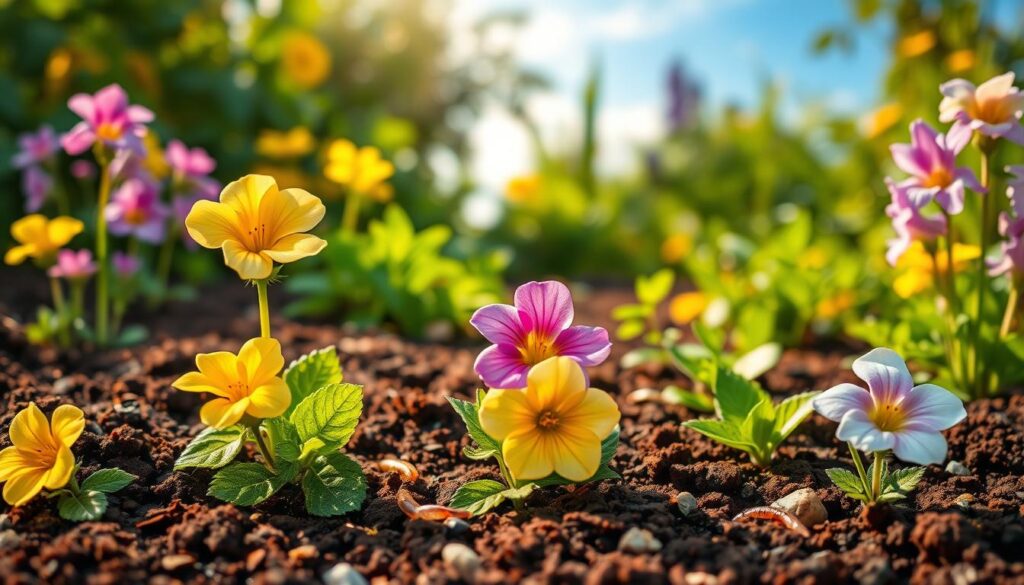 A vibrant illustration of primrose plants in a lush, well-tended garden setting, focusing on the soil requirements for optimal growth. In the foreground, display healthy primrose flowers in various colors—yellow, pink, and lavender—surrounded by rich, dark loamy soil, emphasizing its texture and moisture content. The middle ground should feature healthy foliage and earthworms, symbolizing soil health, with small rocks and organic matter scattered about. In the background, soft-focus greenery of other plants and a clear blue sky bathed in warm, soft sunlight creates a tranquil gardening atmosphere. Use a slightly elevated angle to capture depth, showcasing the thriving ecosystem. The overall mood should be inviting and educational, emphasizing growth and vitality in a peaceful garden retreat. A vibrant illustration of primrose plants in a lush, well-tended garden setting, focusing on the soil requirements for optimal growth. In the foreground, display healthy primrose flowers in various colors—yellow, pink, and lavender—surrounded by rich, dark loamy soil, emphasizing its texture and moisture content. The middle ground should feature healthy foliage and earthworms, symbolizing soil health, with small rocks and organic matter scattered about. In the background, soft-focus greenery of other plants and a clear blue sky bathed in warm, soft sunlight creates a tranquil gardening atmosphere. Use a slightly elevated angle to capture depth, showcasing the thriving ecosystem. The overall mood should be inviting and educational, emphasizing growth and vitality in a peaceful garden retreat.