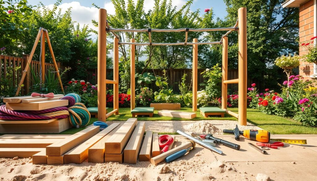A vibrant outdoor scene depicting essential materials and tools for building a monkey bar set in a garden. In the foreground, neatly organized wooden beams, sturdy metal bars, colorful ropes, and a pile of sand for grounding are visible. Tools like a saw, hammer, and measuring tape are laid out on a nearby workbench. In the middle ground, a partially constructed monkey bar structure shows the assembly process with a focus on safety features, including cushioned pads underneath. The background features lush greenery, vibrant flowers, and a bright, clear sky enhancing the cheerful atmosphere. Soft, natural lighting casts gentle shadows, creating an inviting and energetic mood reminiscent of a playful, safe environment for children. Capture this scene from a slightly elevated angle for a comprehensive view. A vibrant outdoor scene depicting essential materials and tools for building a monkey bar set in a garden. In the foreground, neatly organized wooden beams, sturdy metal bars, colorful ropes, and a pile of sand for grounding are visible. Tools like a saw, hammer, and measuring tape are laid out on a nearby workbench. In the middle ground, a partially constructed monkey bar structure shows the assembly process with a focus on safety features, including cushioned pads underneath. The background features lush greenery, vibrant flowers, and a bright, clear sky enhancing the cheerful atmosphere. Soft, natural lighting casts gentle shadows, creating an inviting and energetic mood reminiscent of a playful, safe environment for children. Capture this scene from a slightly elevated angle for a comprehensive view.
