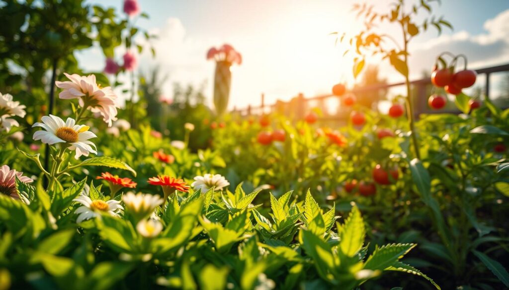 A vibrant spring garden showcasing lush growth, with a detailed foreground of blooming flowers and rich green foliage. In the middle ground, a variety of vegetable plants like tomatoes and peppers thrive, demonstrating the benefits of fertilization with Polifoska. The background features a gentle, sunlit sky with soft, fluffy clouds, casting a bright and inviting light over the scene. The atmosphere is fresh and invigorating, embodying the essence of spring gardening. Use warm, natural lighting to emphasize the vivid colors of the plants, creating an overall sense of abundance and vitality. Capture this image from a low angle to convey depth, highlighting the intricate details of both flowers and vegetables in their prime growing period.