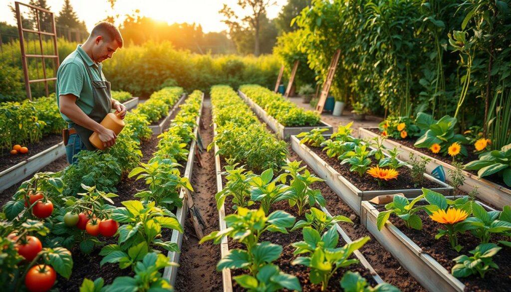 A vibrant vegetable garden in full bloom, showcasing a variety of healthy plants like tomatoes, peppers, and lettuce. In the foreground, a gardener wearing casual work attire tends to the plants, pruning and watering them with care. The middle ground features neatly organized rows of raised garden beds filled with rich soil, surrounded by colorful flowers and garden tools. In the background, a sunlit sky casts a warm golden light over the scene, enhancing the lush greenery. Capture this scene with a shallow depth of field, focusing on the gardener and the plants, while softly blurring the background to create a peaceful, nurturing atmosphere that reflects the joy of caring for a vegetable garden.