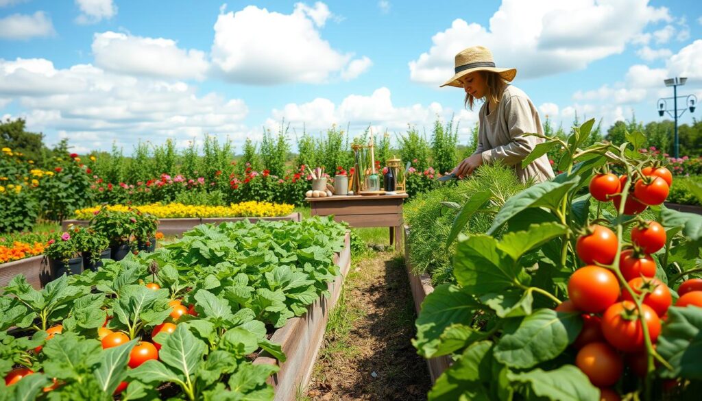A vibrant vegetable garden in the foreground, showcasing neatly arranged raised beds filled with diverse vegetables like tomatoes, carrots, and leafy greens. A gardener, dressed in a modest casual outfit with a straw hat, is gently tending to the plants, using a small hand trowel. In the middle ground, colorful flower borders add visual interest, while garden tools are artistically scattered on a rustic wooden table. The background features a blue sky with fluffy white clouds, hinting at a sunny day. Soft, warm lighting creates a cheerful atmosphere, emphasizing the freshness of the vegetables and the joy of gardening. The angle is slightly elevated, capturing the entire scene for an engaging view of garden care.